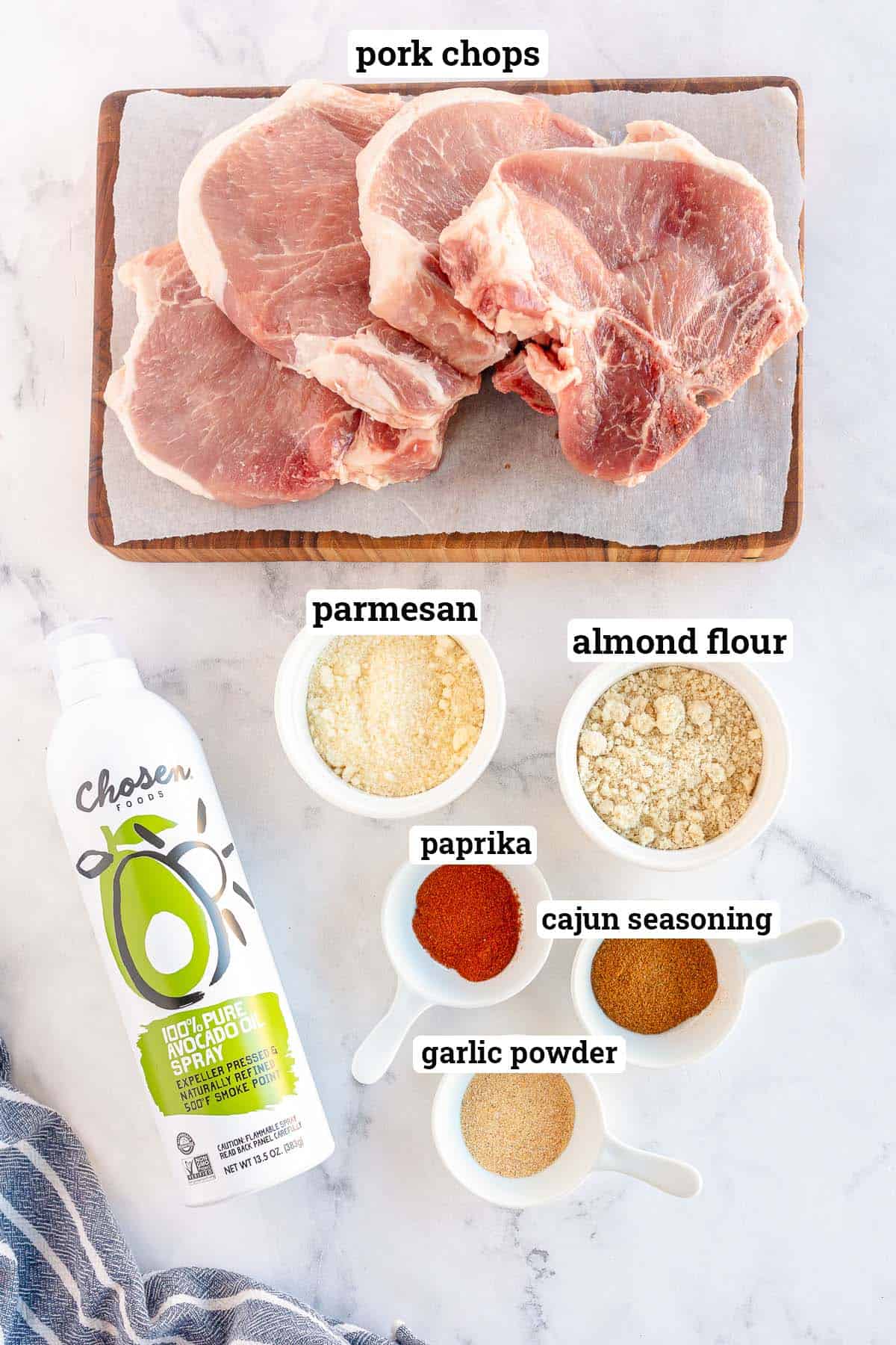 The ingredients for gluten free air fryer pork chops with overlay text.