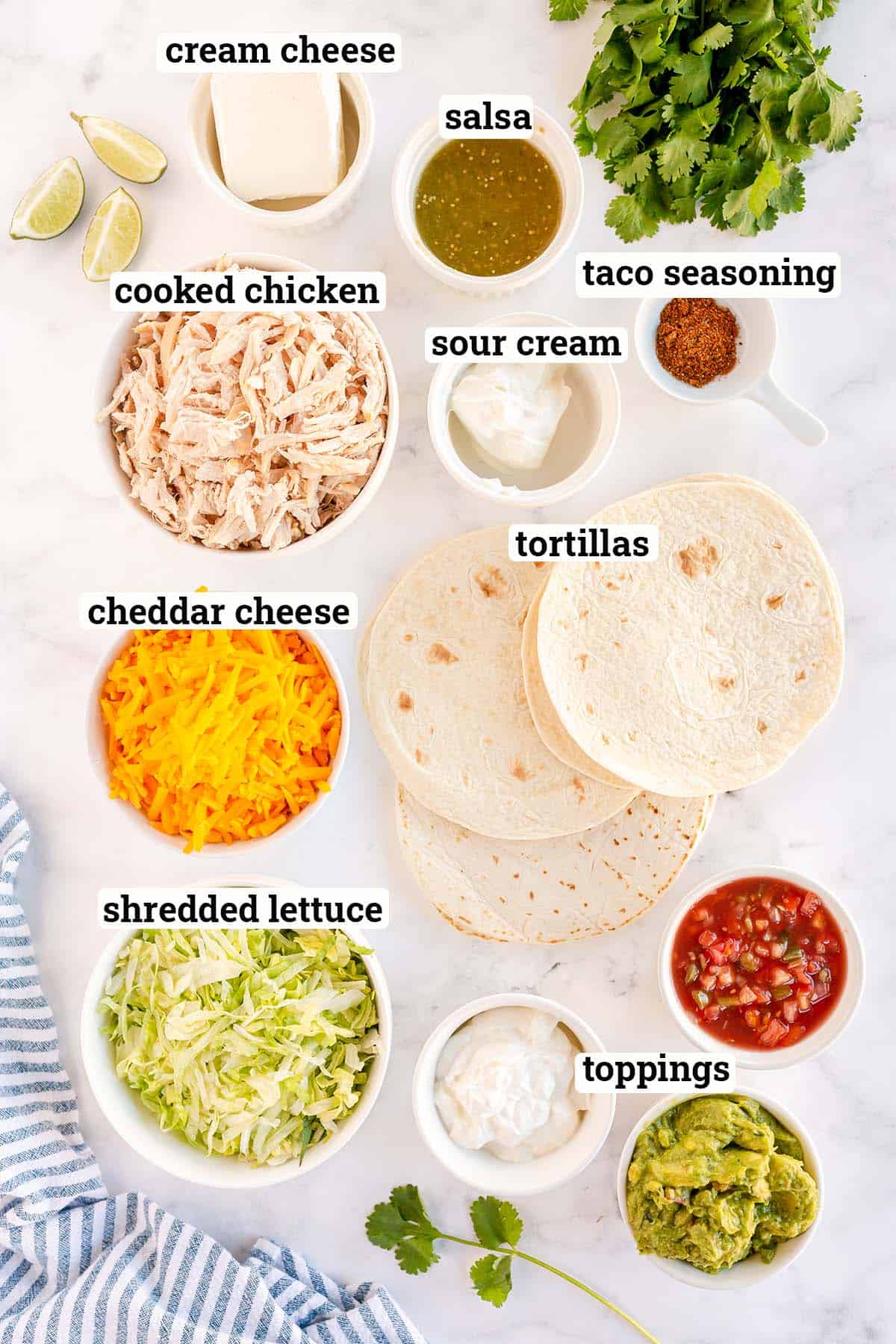 Ingredients for Air Fryer Cream Cheese Chicken Taquitos with text overlay.