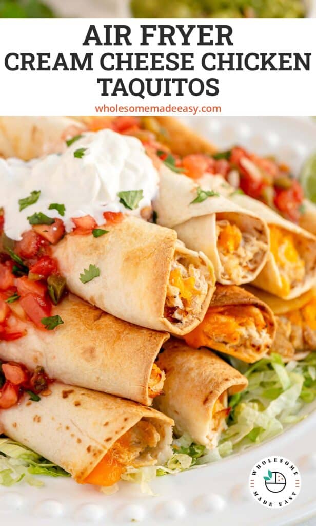 A stack of chicken taquitos topped with salsa and sour cream with overlay text.