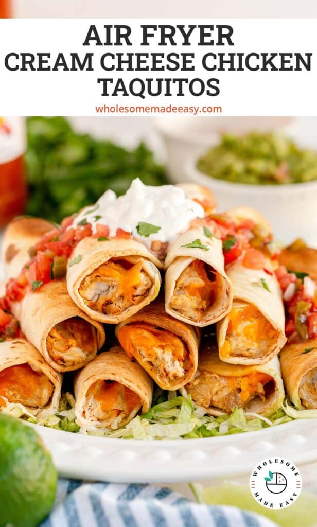 A stack of chicken taquitos on a platter with overlay text.
