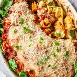 Tortellini casserole with spinach and parmesan in a white baking dish.