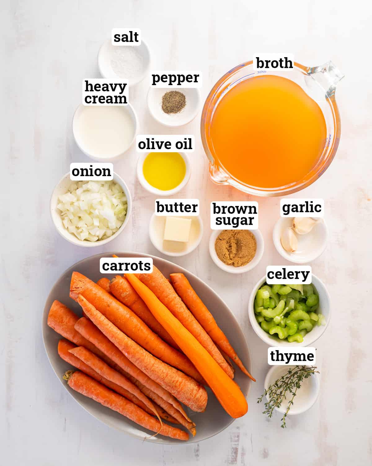 The ingredients for Carrot Soup with text.
