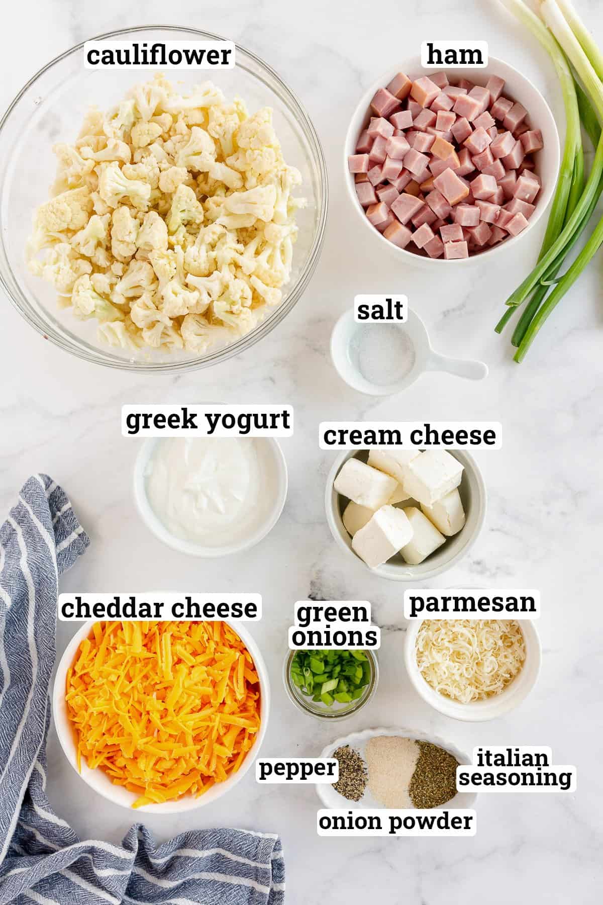 Ingredients for Cauliflower Ham Casserole with text.