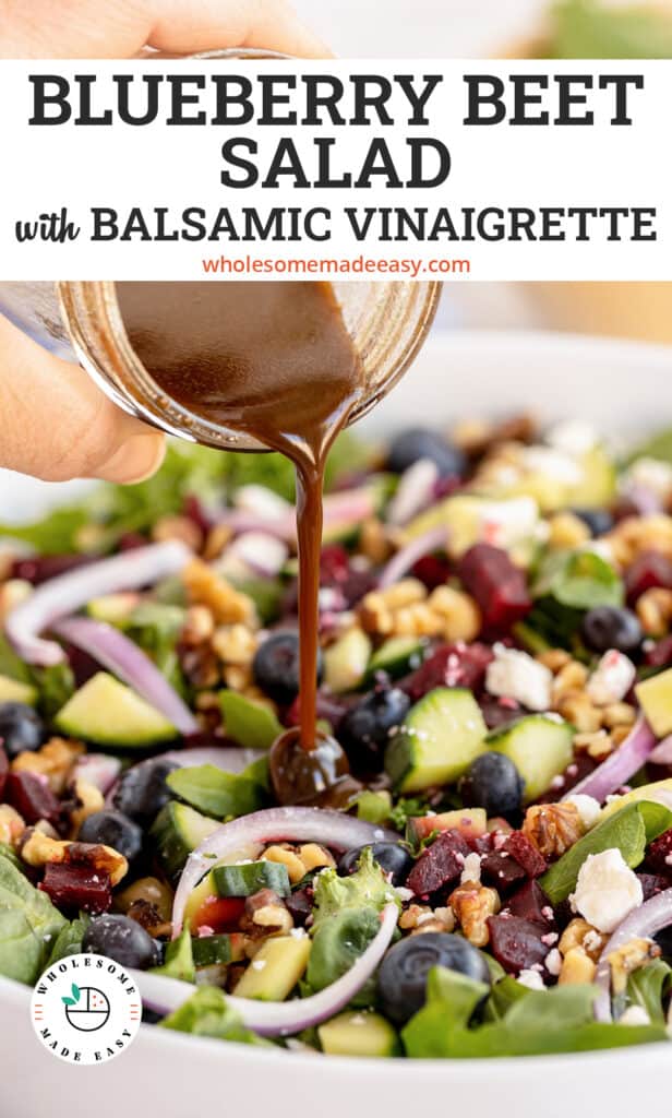 Balsamic vinaigrette pouring from a mason jar on to a salad with text.