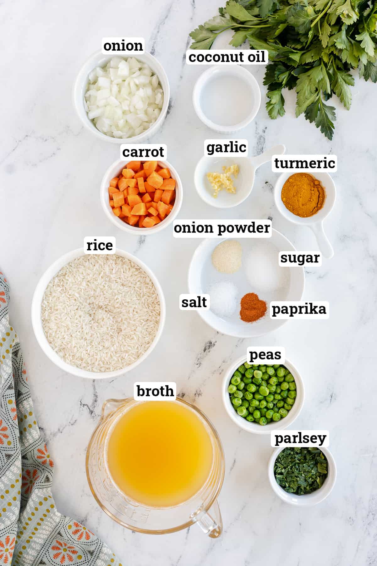 The ingredients for Yellow Rice Pilaf with text.
