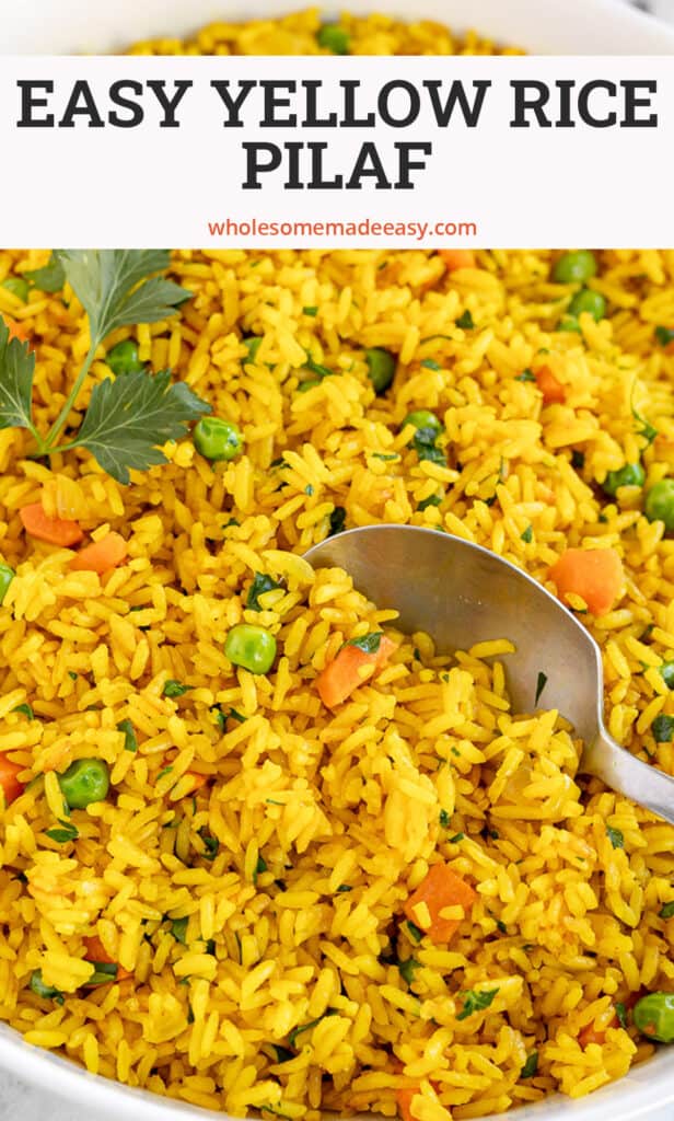 A spoon scoops yellow rice pilaf with text.