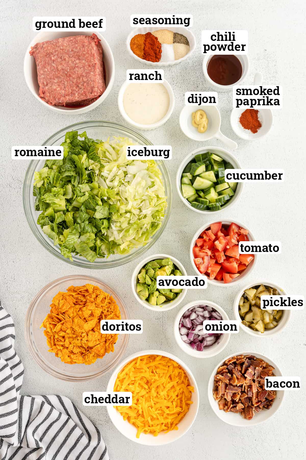 The ingredients for cheeseburger bowls with text.