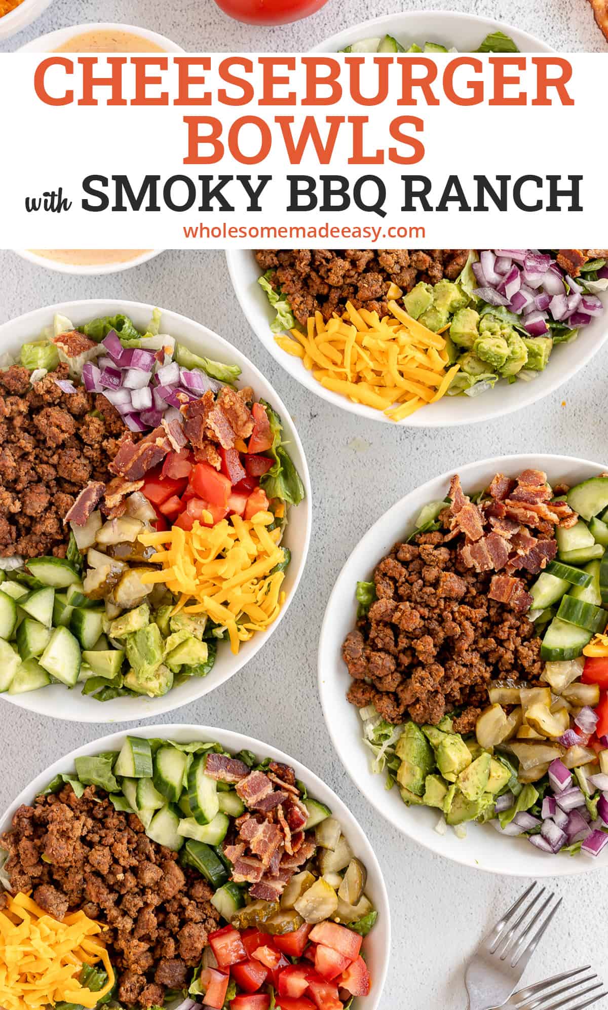 Top down shot of four Cheeseburger Bowls with text.