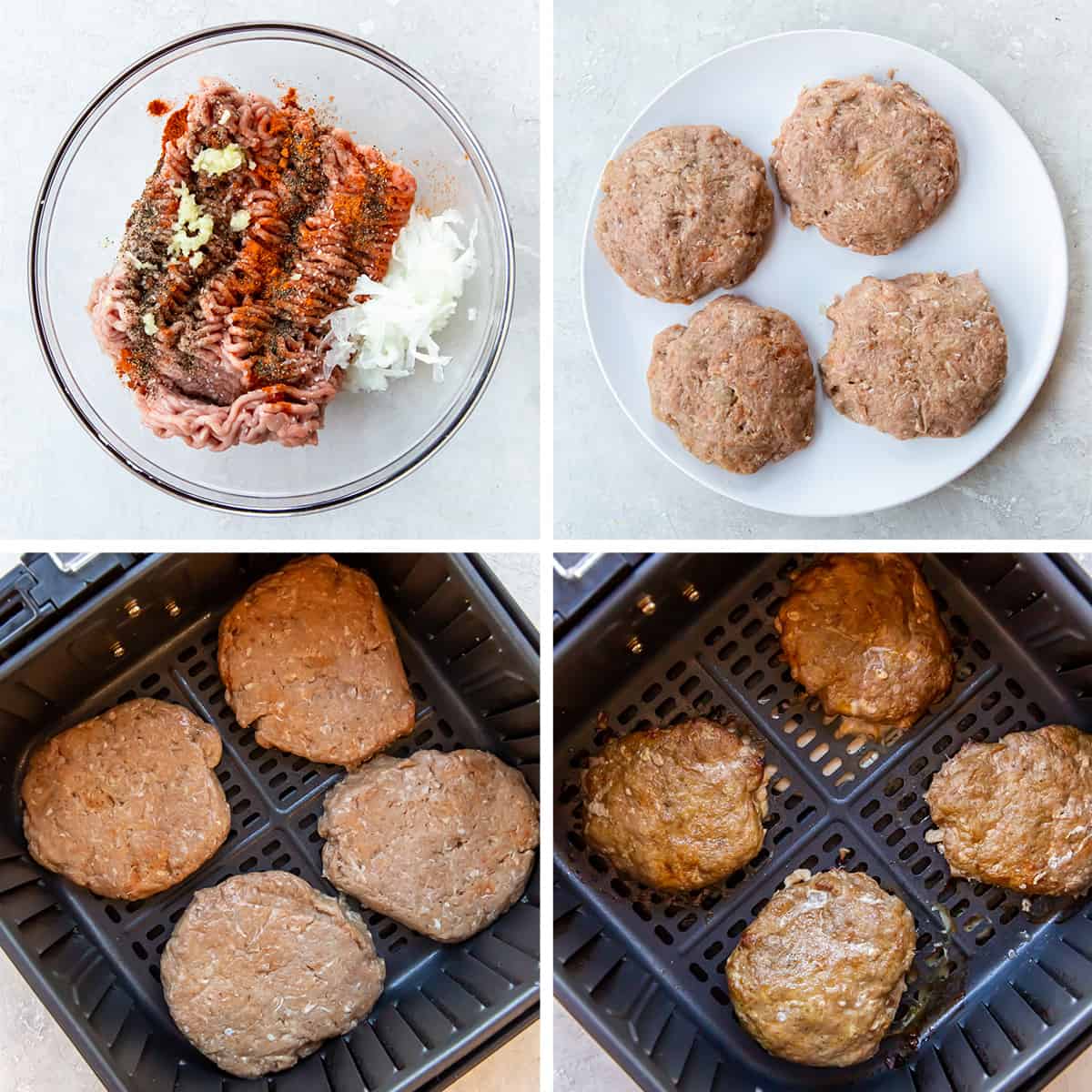 Ground turkey and seasonings in a bowl and turkey burger patties in an air fryer.