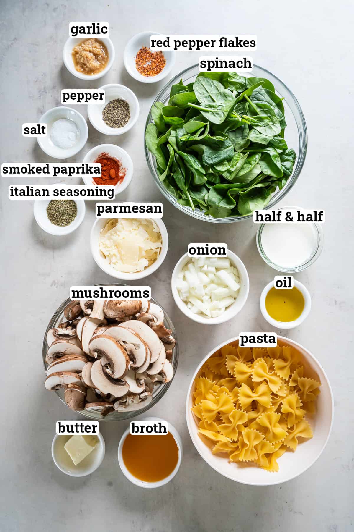 The ingredients for Mushroom Spinach Pasta with text.
