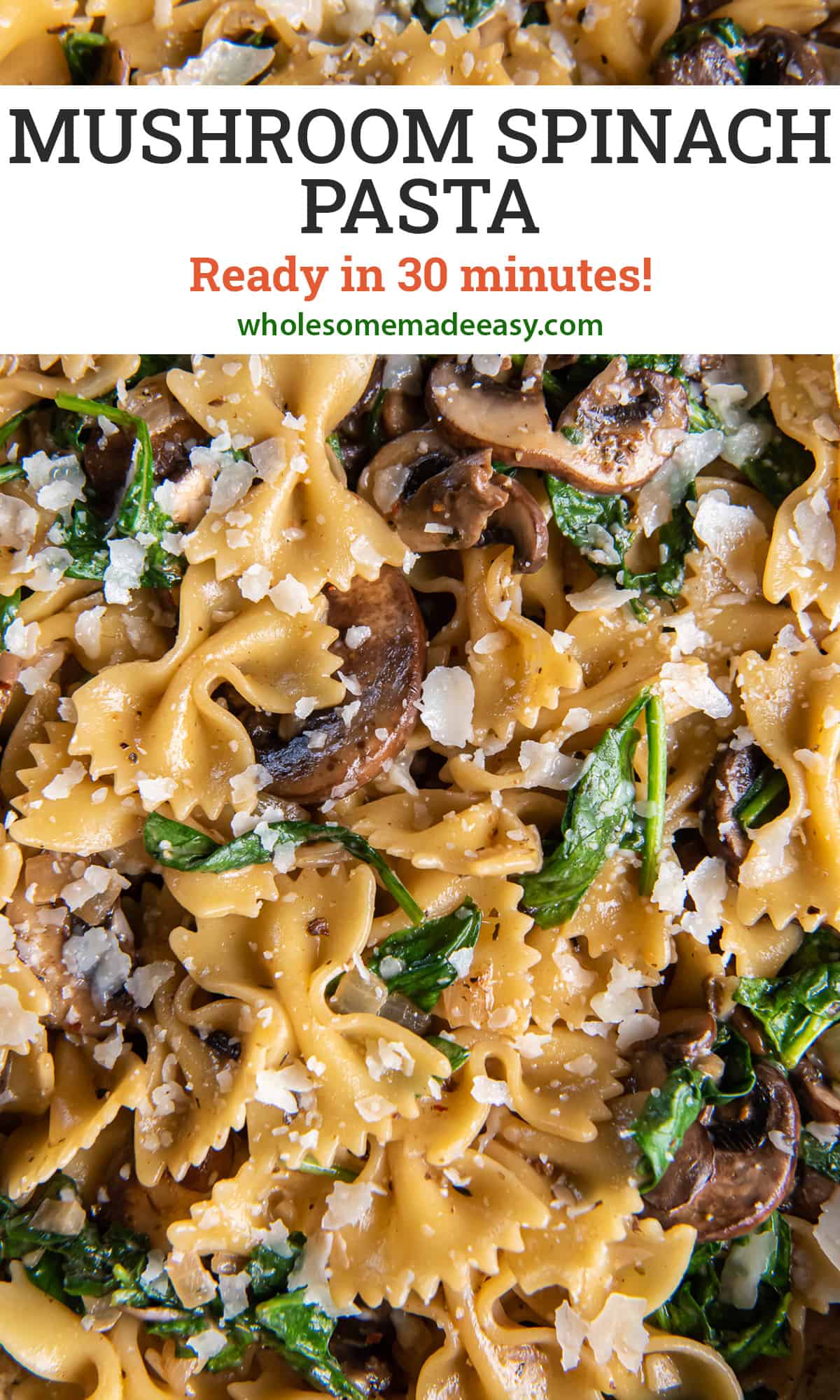A close up of mushroom pasta with spinach with text.