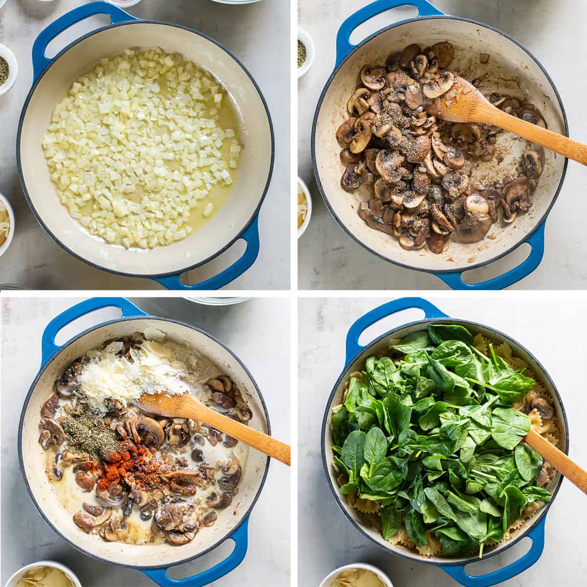 Four images showing pasta with mushroom and spinach being prepared in skillet.