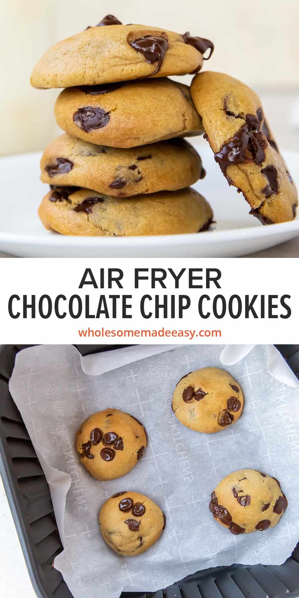 Chocolate chip cookies on a white plate and in an air fryer basket with text.