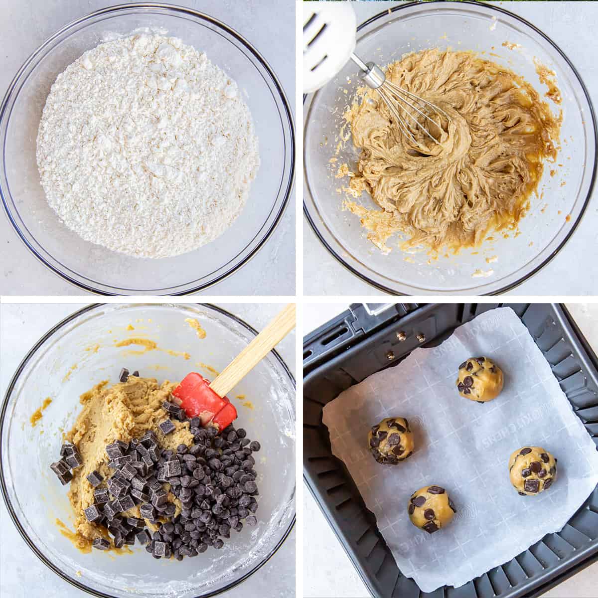 Four images showing cookie dough being mixed in a bowl and four cookie dough balls on parchment paper in an air fryer.