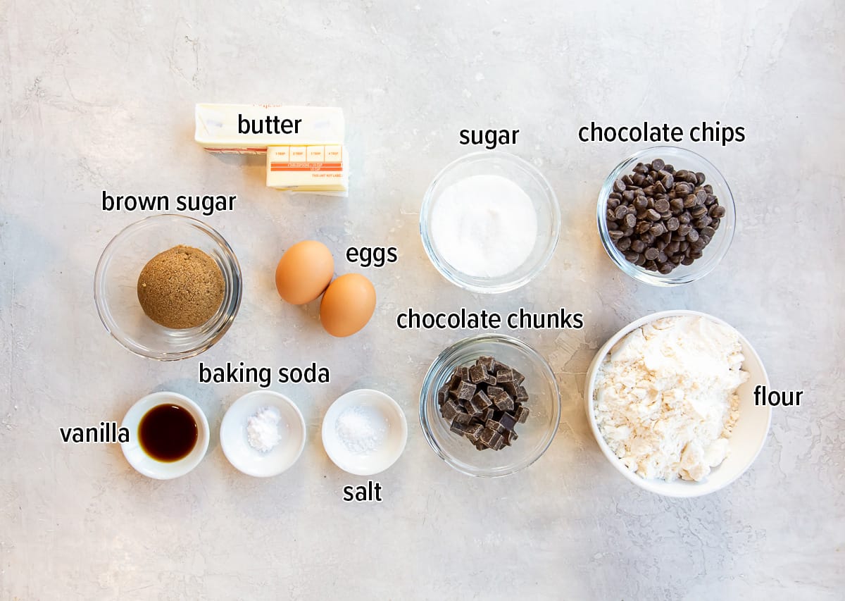 Ingredients for Air Fryer Chocolate Chip Cookies with text.