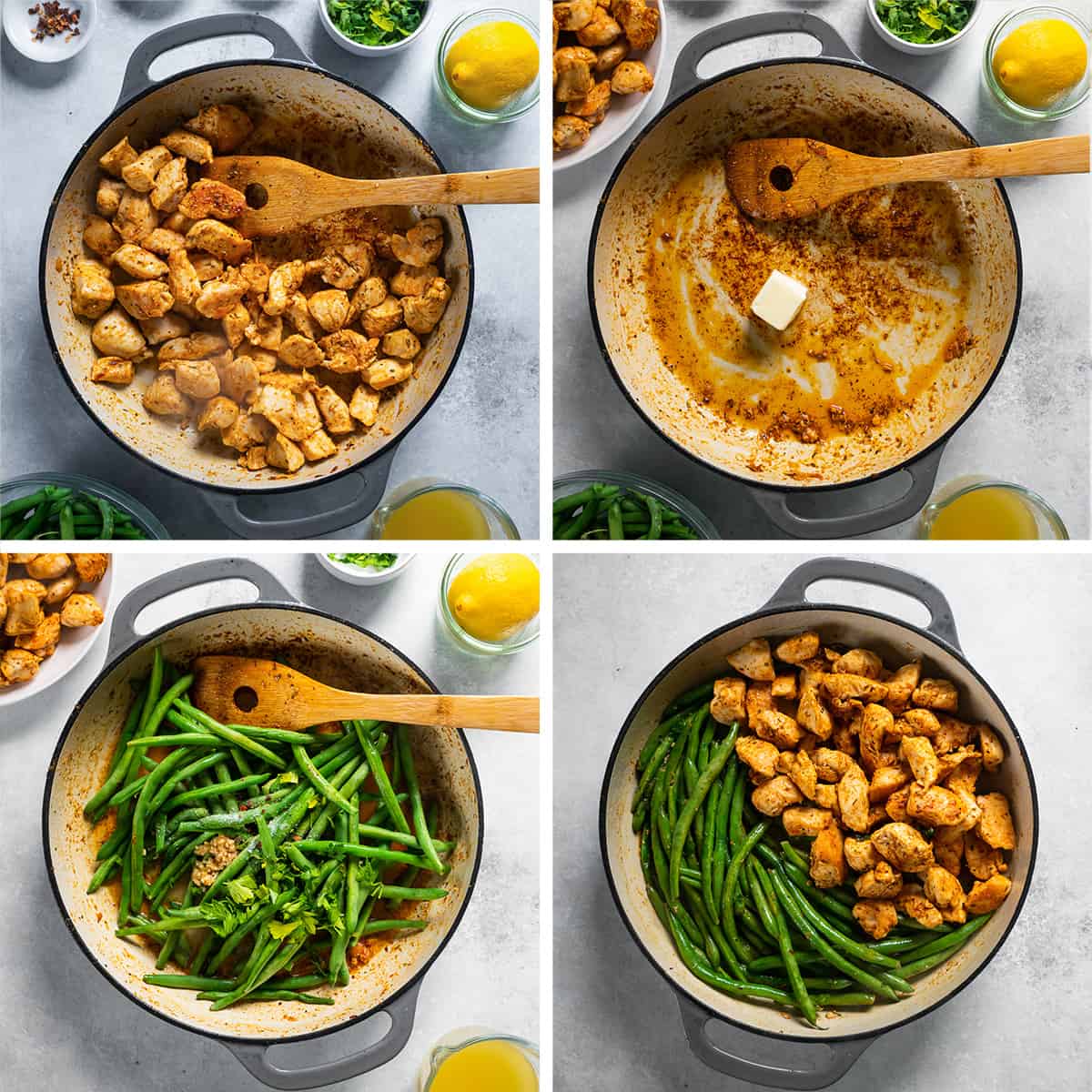 Four images showing chicken, butter, green beans, and other ingredients cooking in a sauté pan.