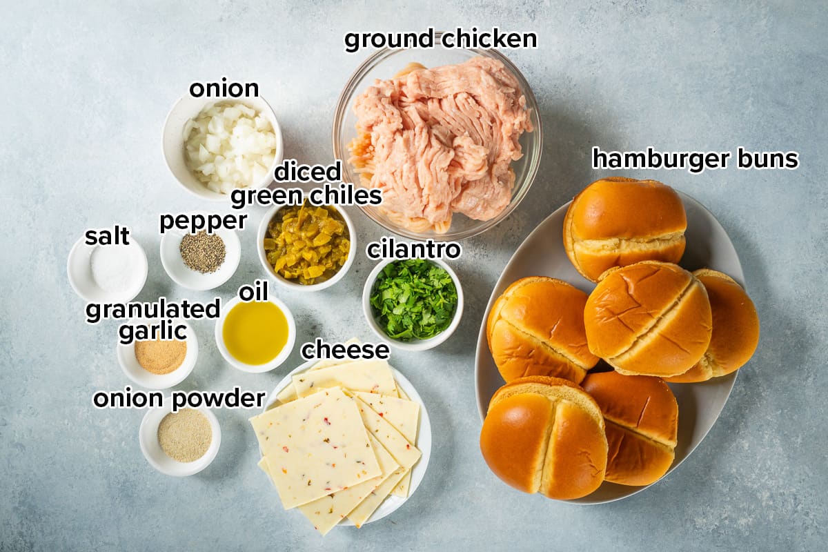 The ingredients for ground chicken burgers with text.