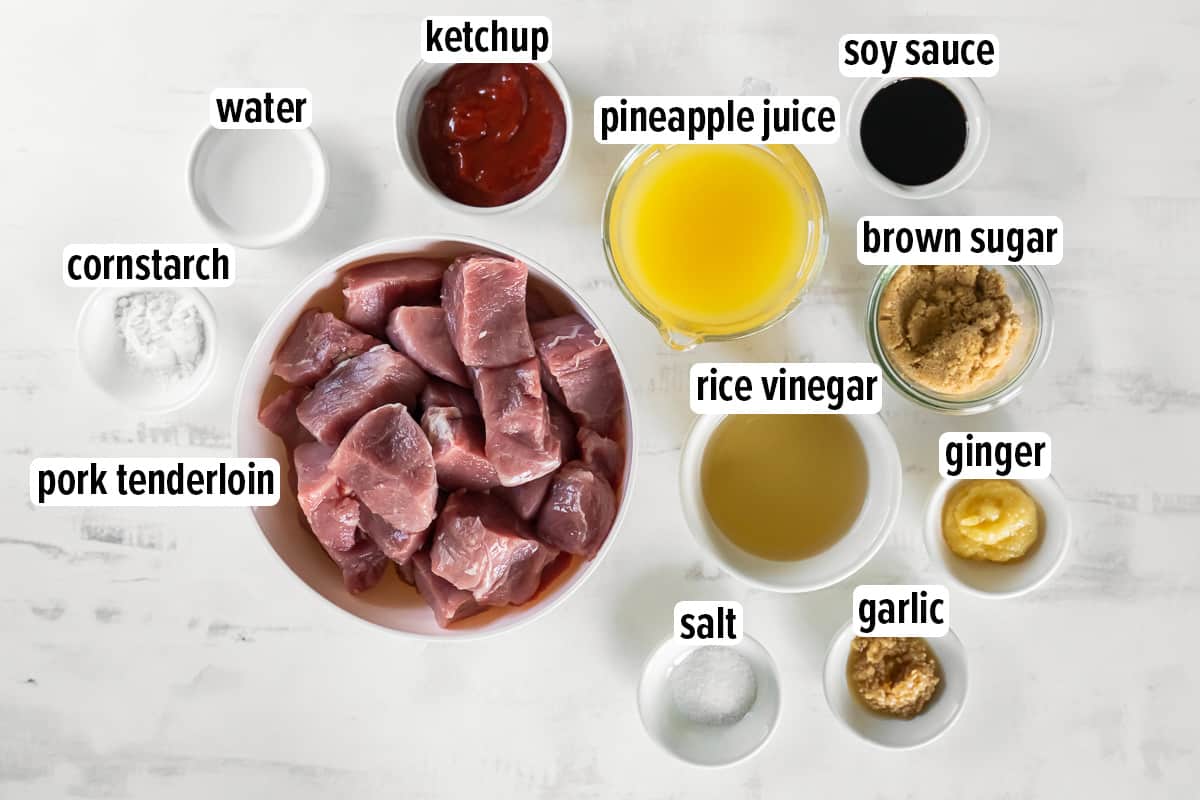 Chunks of pork tenderloin and sweet and sour marinade ingredients with text.