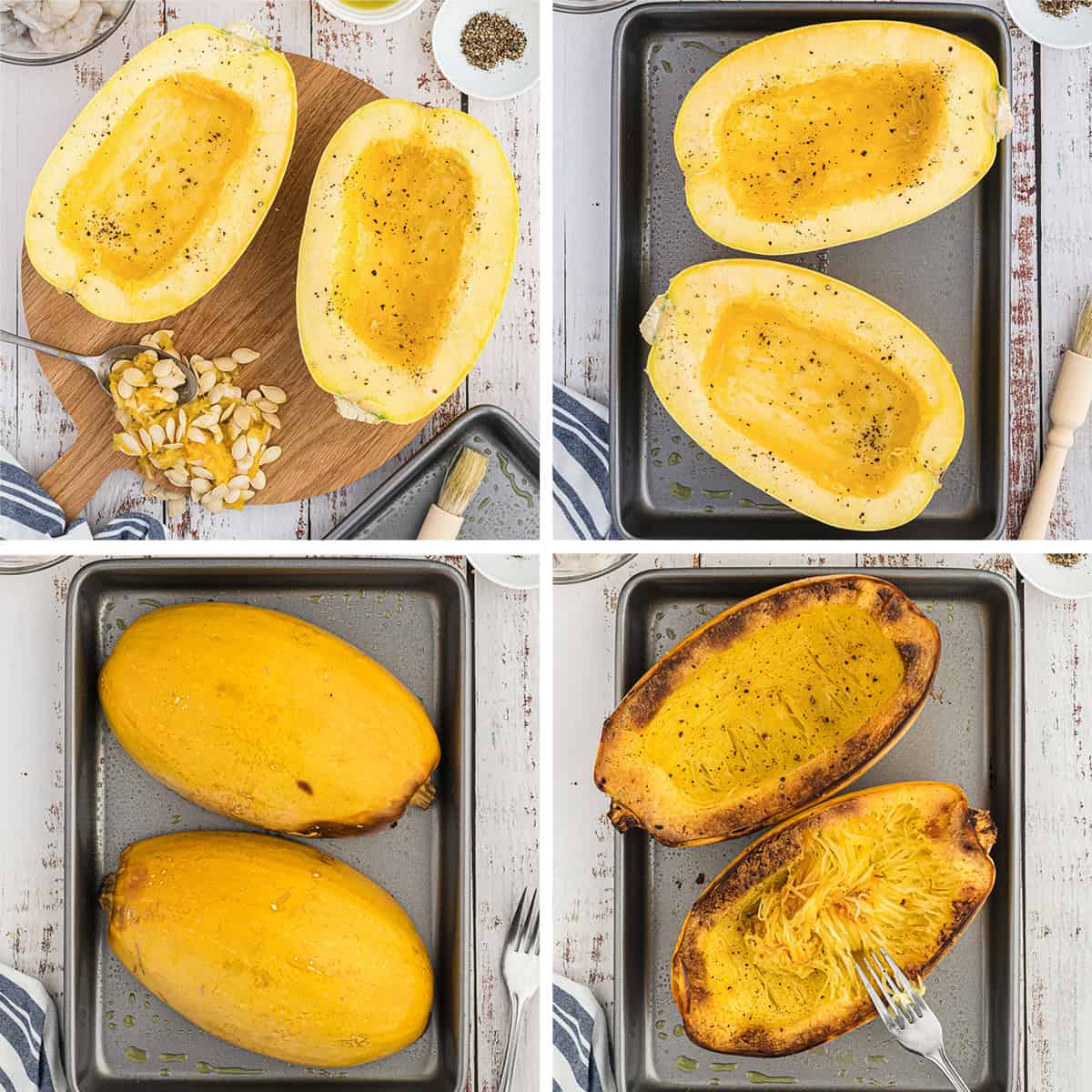 Four images of a halved spaghetti squash before and after roasting on a baking sheet.