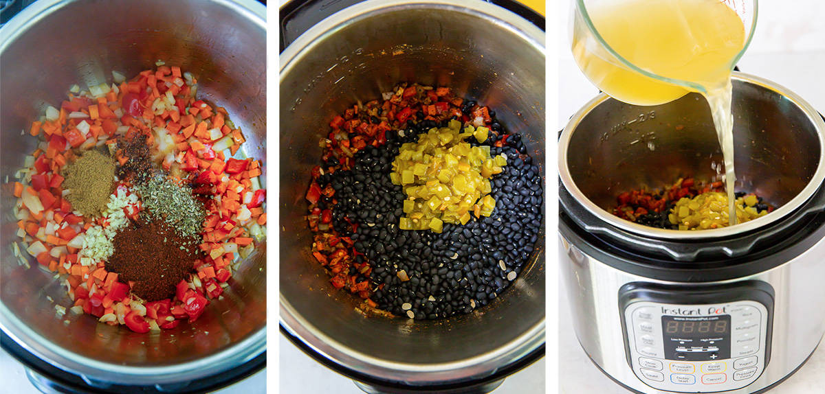 Three images showing onion and red bell pepper in an Instant Pot and then black beans, green chiles, and broth are added.