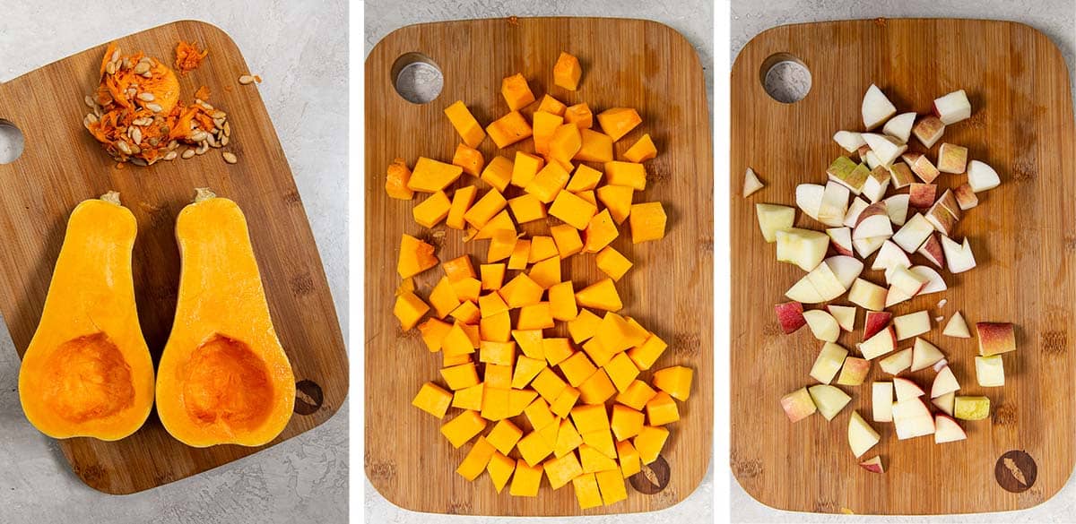 A butternut squash sliced in half with the seeds scooped out. Chopped butternut squash and apples on a cutting board.