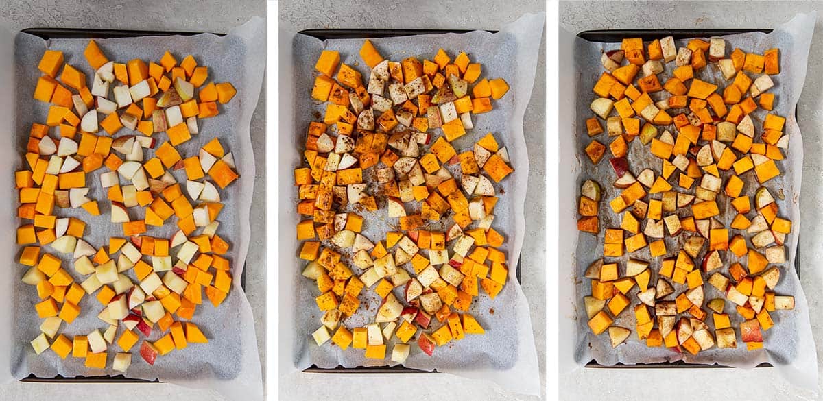 Chopped butternut squash and apples on a parchment paper lined baking sheet.
