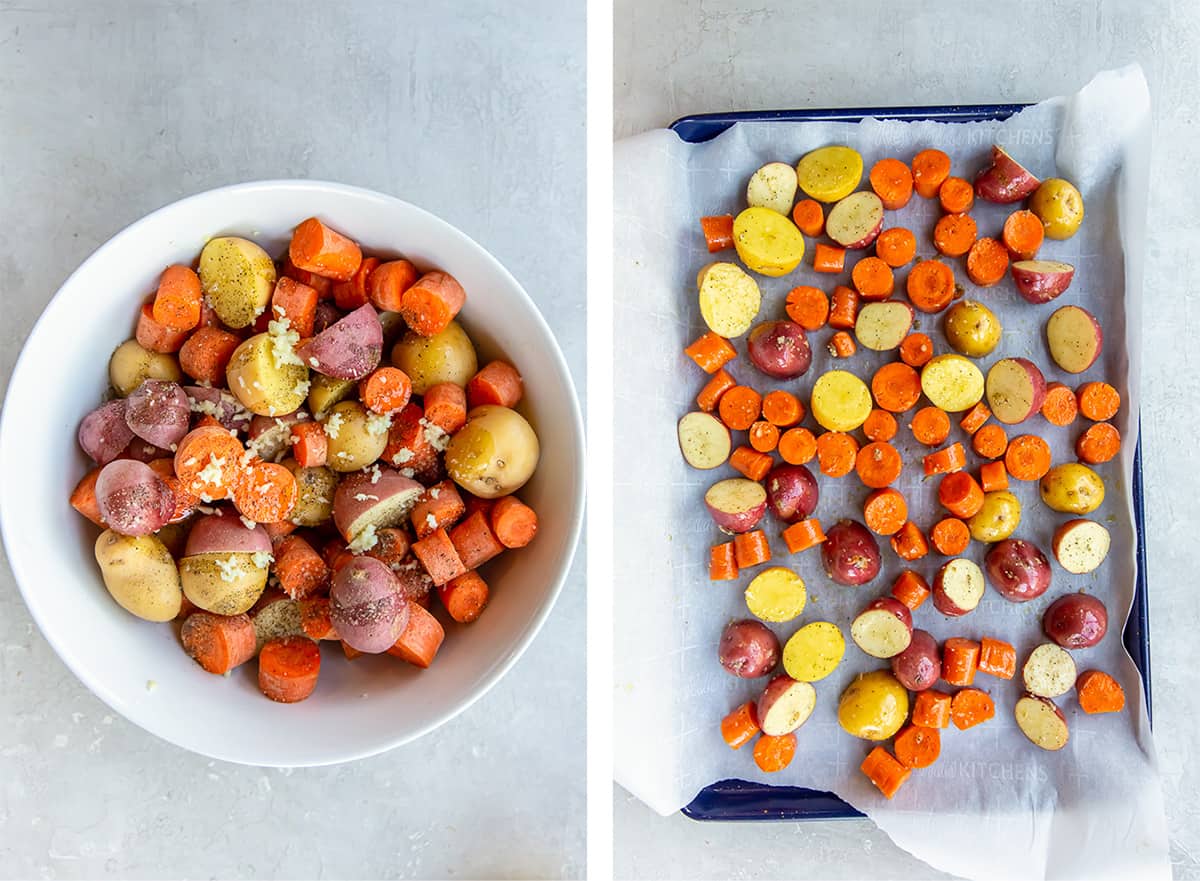 Chunks of carrots and potatoes in a bowl and on a parchment paper lined baking sheet.