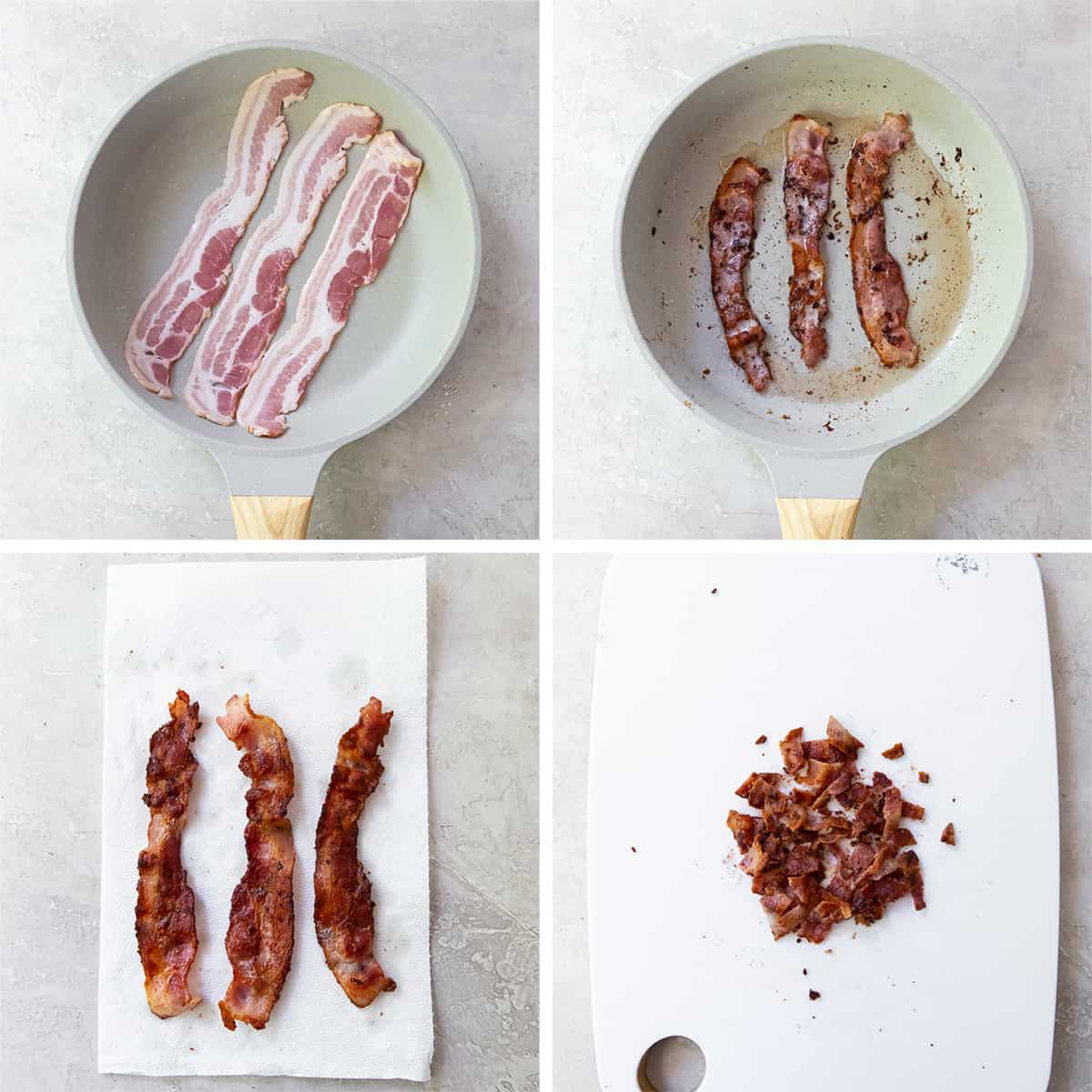 Four images showing bacon in a skillet, on paper towels, and crumbled on a cutting board.