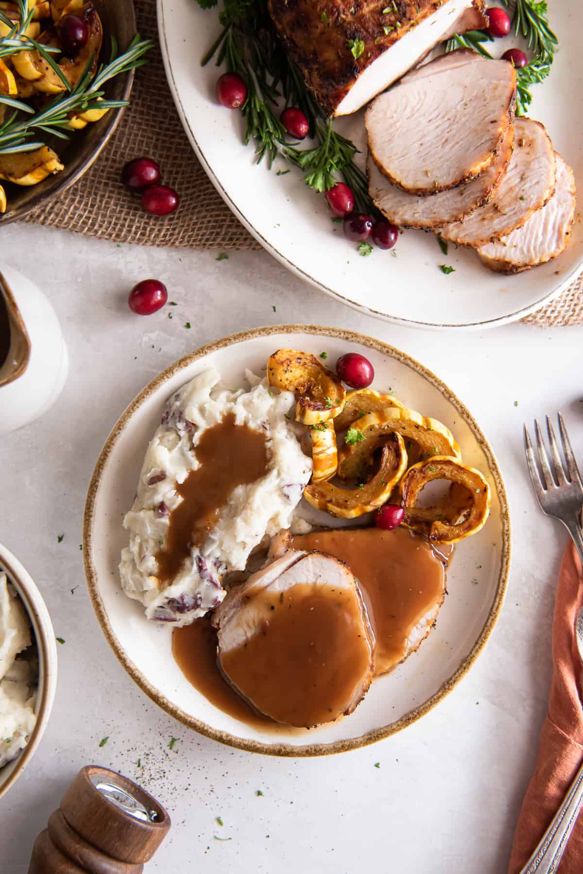 A top down shot of a dinner plate loaded with sliced turkey breast and mashed potatoes with gravy and roasted squash.
