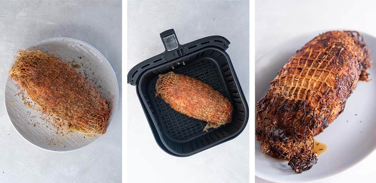 Three images of a seasoned turkey breast on a plate, in an air fryer, and on a plate after cooking.