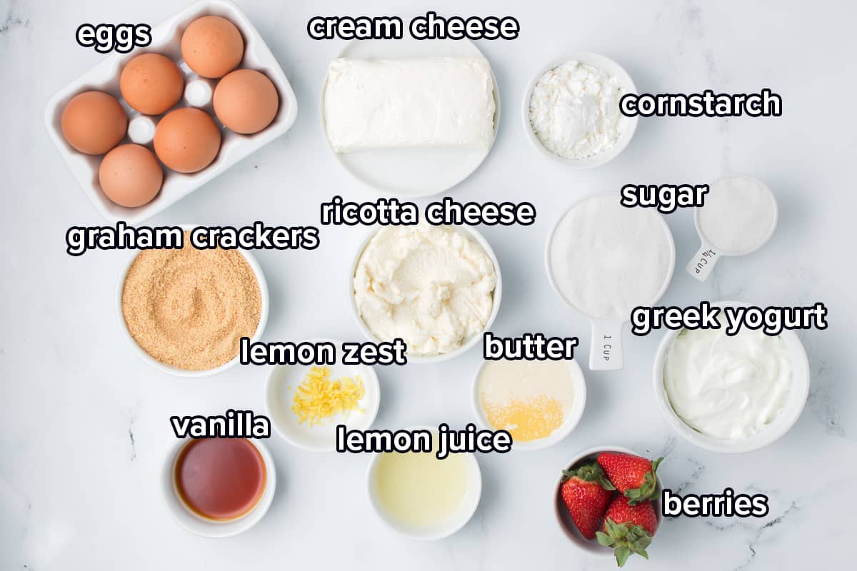 Ricotta, cream cheese and other ingredients in bowls with text.