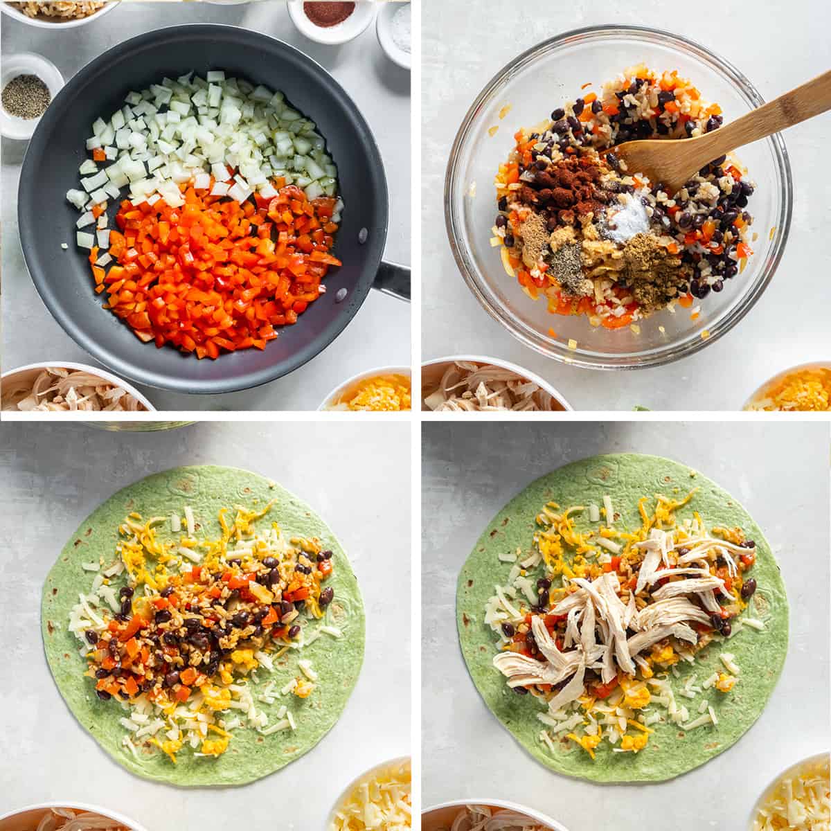 Four images that show peppers and onions cooking in a skillet and combined with rice and beans in a bowl with seasonings. The mixture is then wrapped in green tortillas with cheese and chicken.