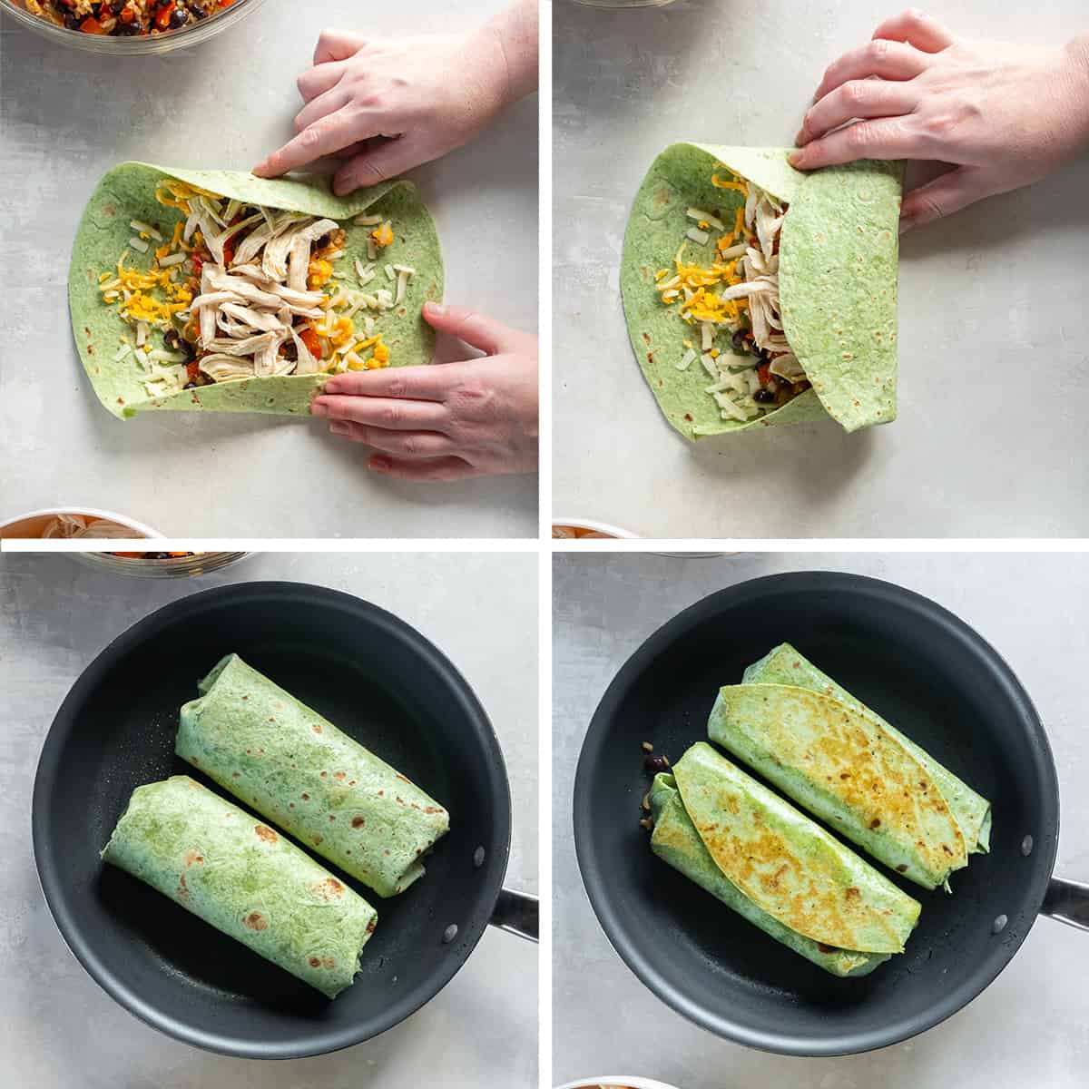 Four images showing hands folding burritos and the burritos cooking in a skillet.