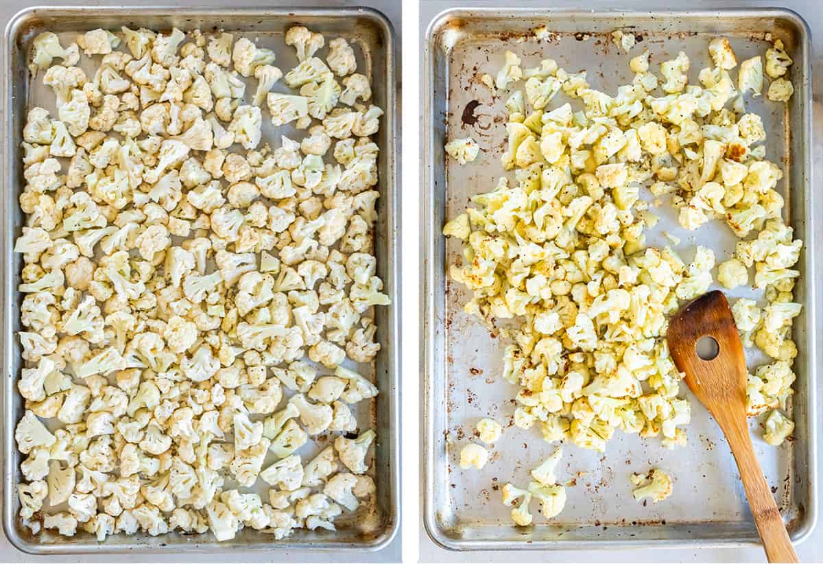 Two images of cauliflower florets on a baking sheet before and after being roasted.