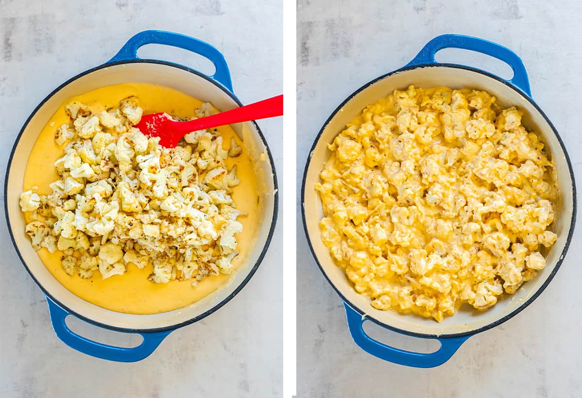 Two images of roasted cauliflower in cheese sauce in a sauté pan.