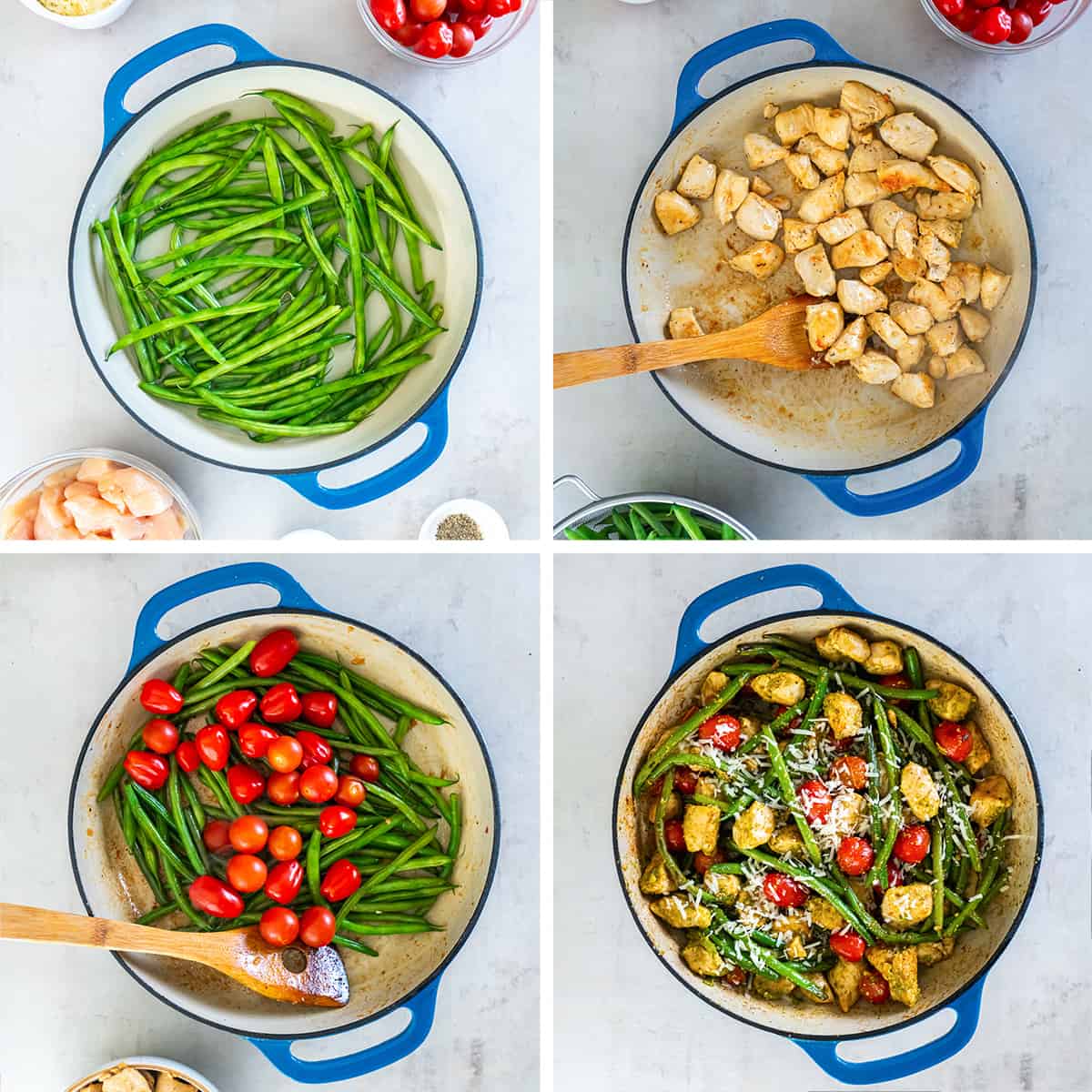 Four images of green beans, chicken, tomatoes, and pesto in a skillet.