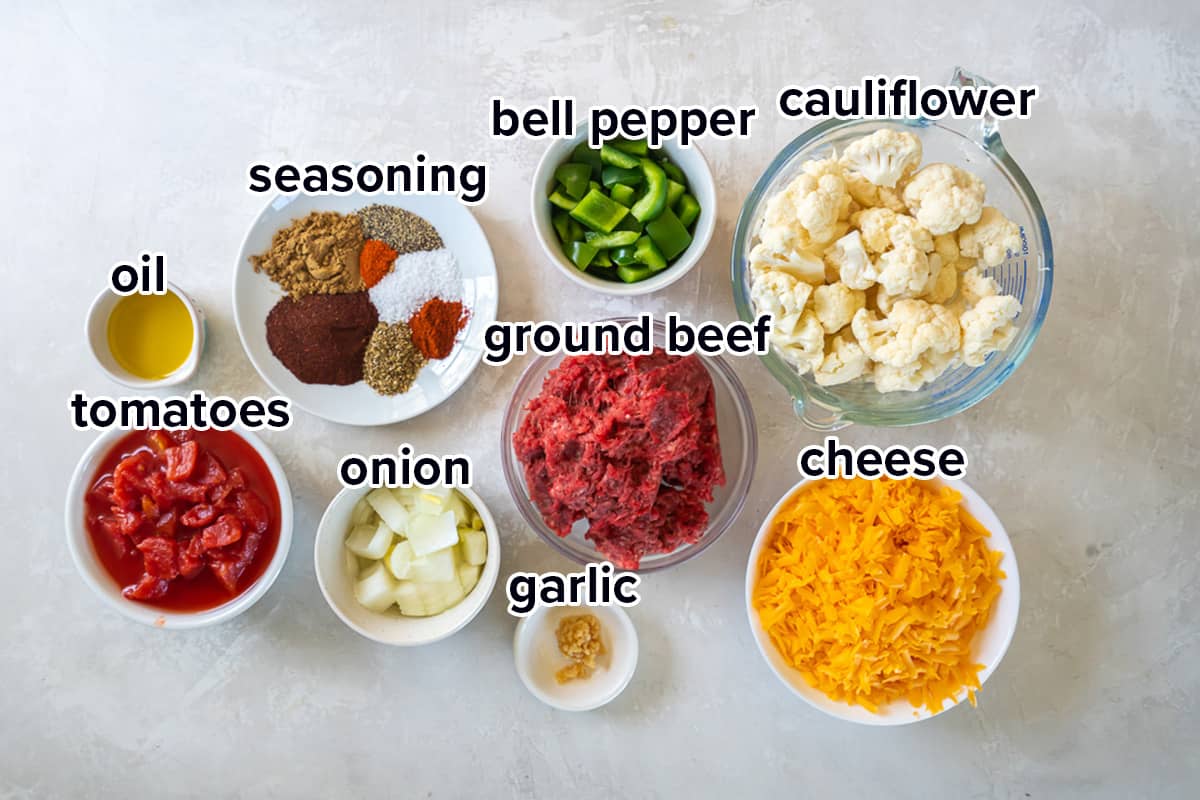Ground beef, cauliflower florets, bell pepper, and other ingredients in bowls with text.