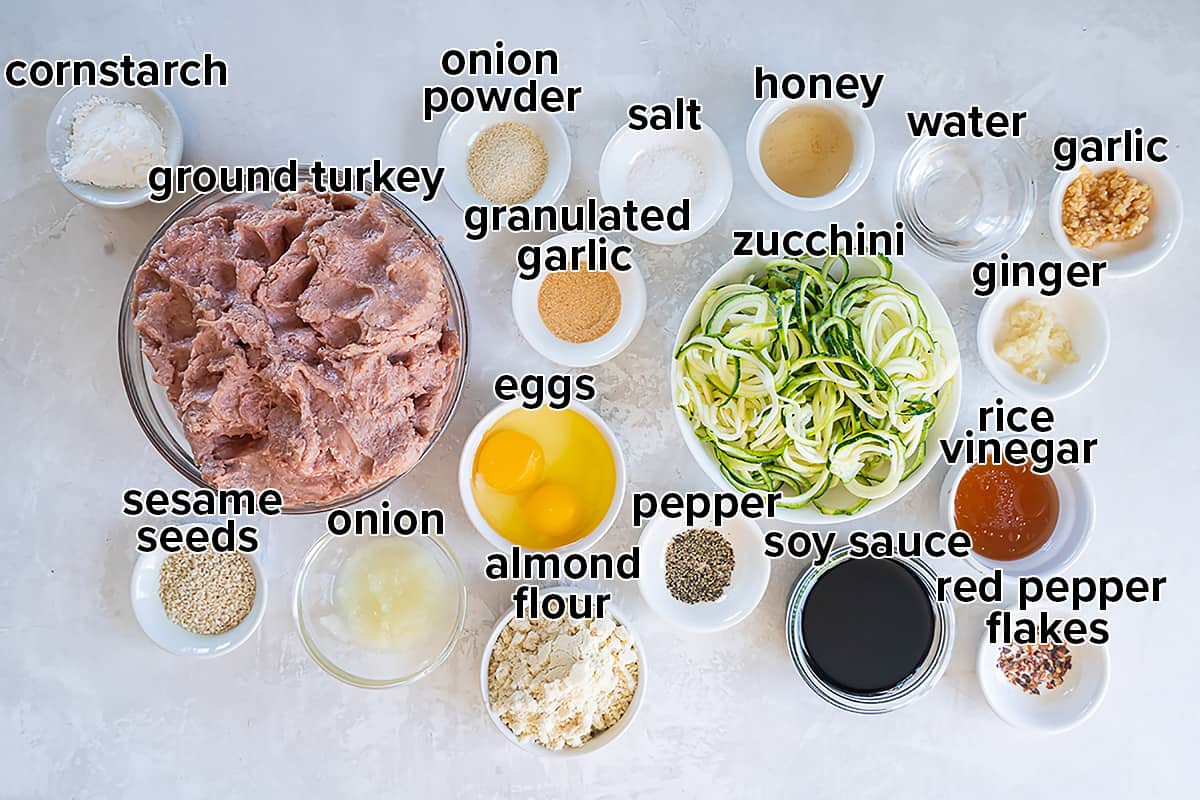 Ground turkey, eggs, almond flour and other ingredients for Asian meatballs with text.