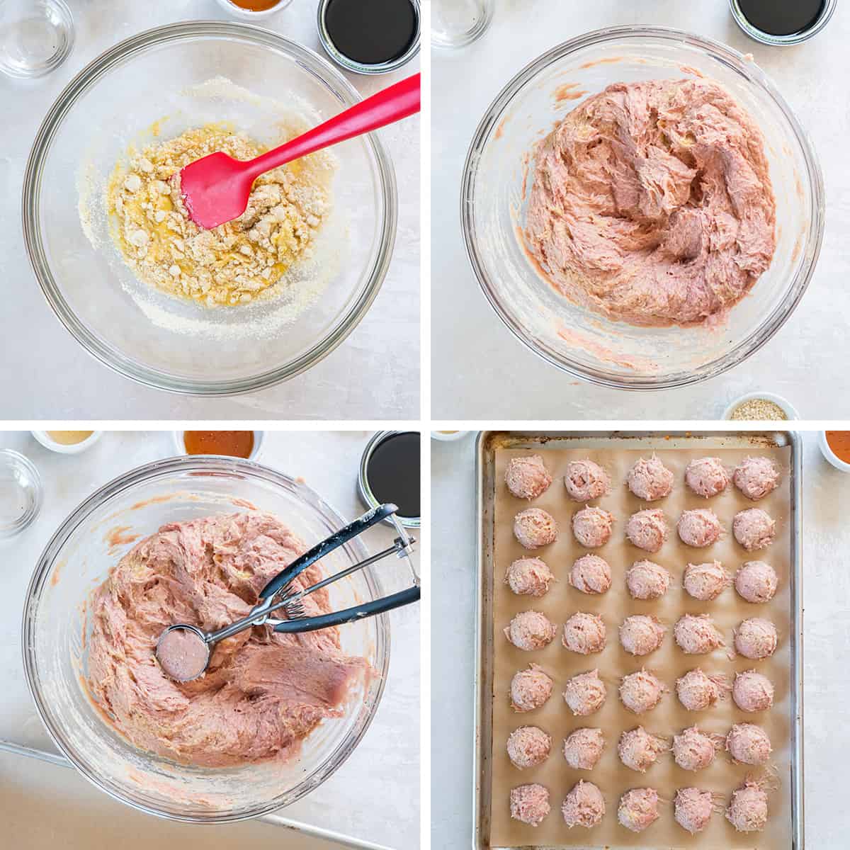 Four images of meatball ingredients being combined in a glass mixing bowl and scooped on to a baking sheet.