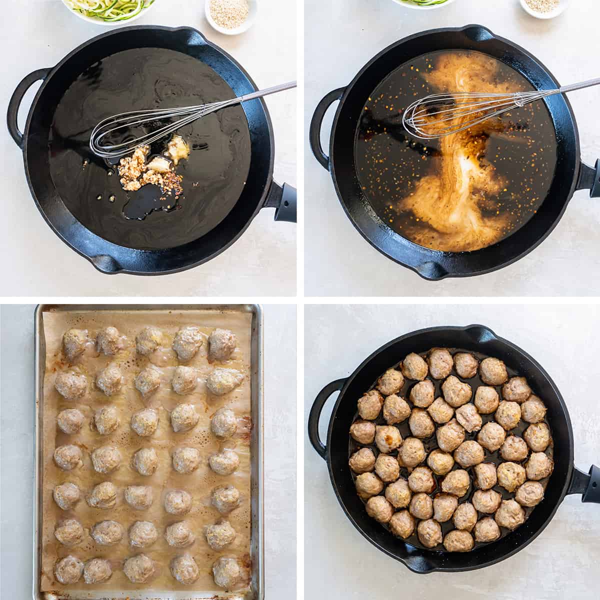 Four images of an Asian glaze being whisked in a cast iron skillet and baked meatballs are added.