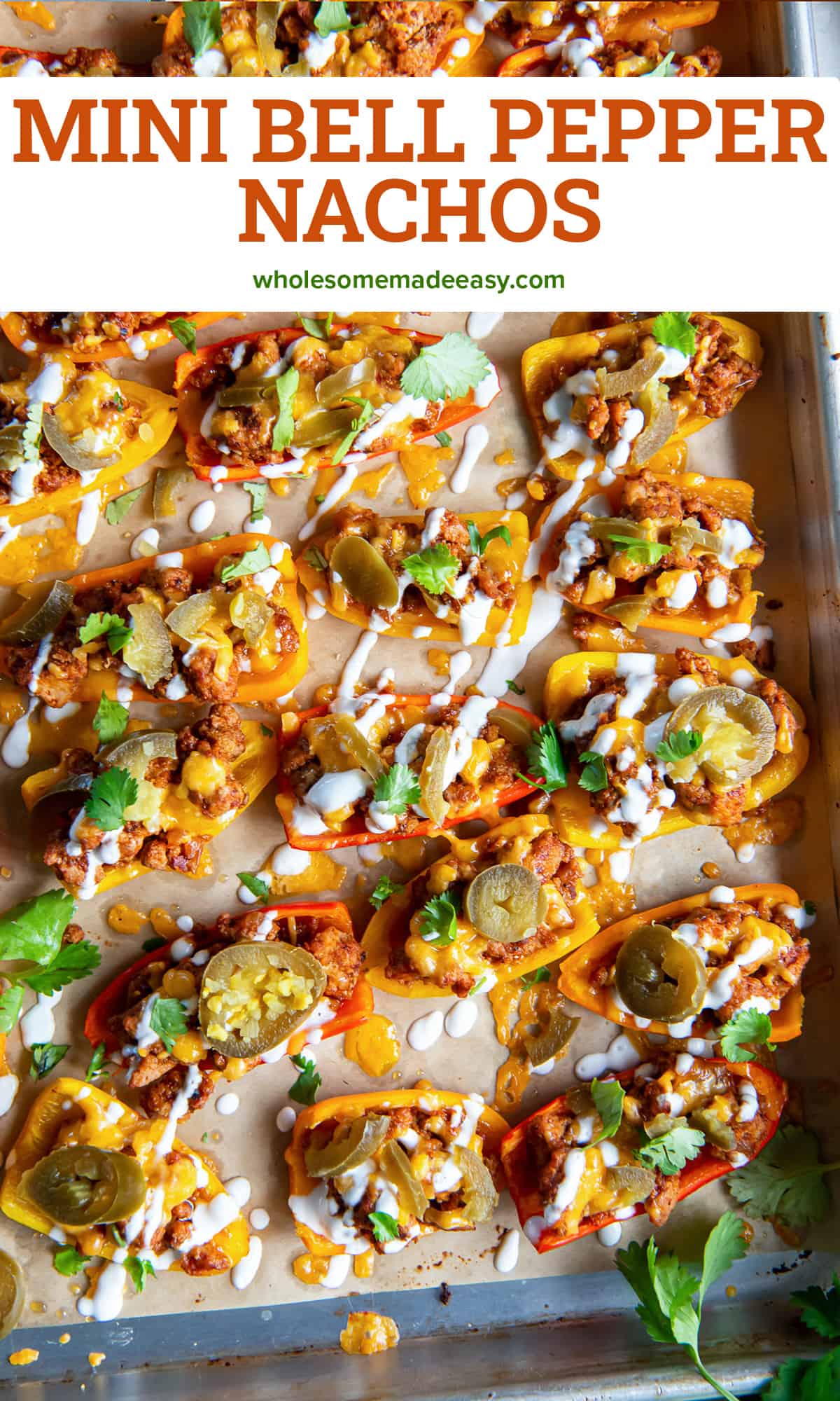A top down shot of stuffed mini bell peppers on a baking sheet topped with sour cream, jalapenos, and cilantro with text.