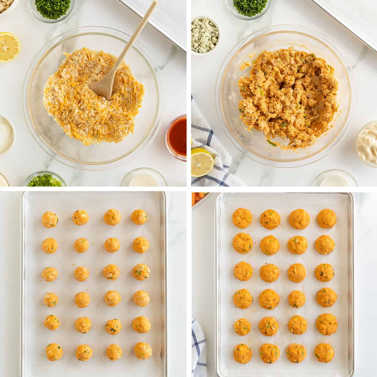 Four images showing the process of making buffalo chicken bites in a mixing bowl and on a baking sheet.