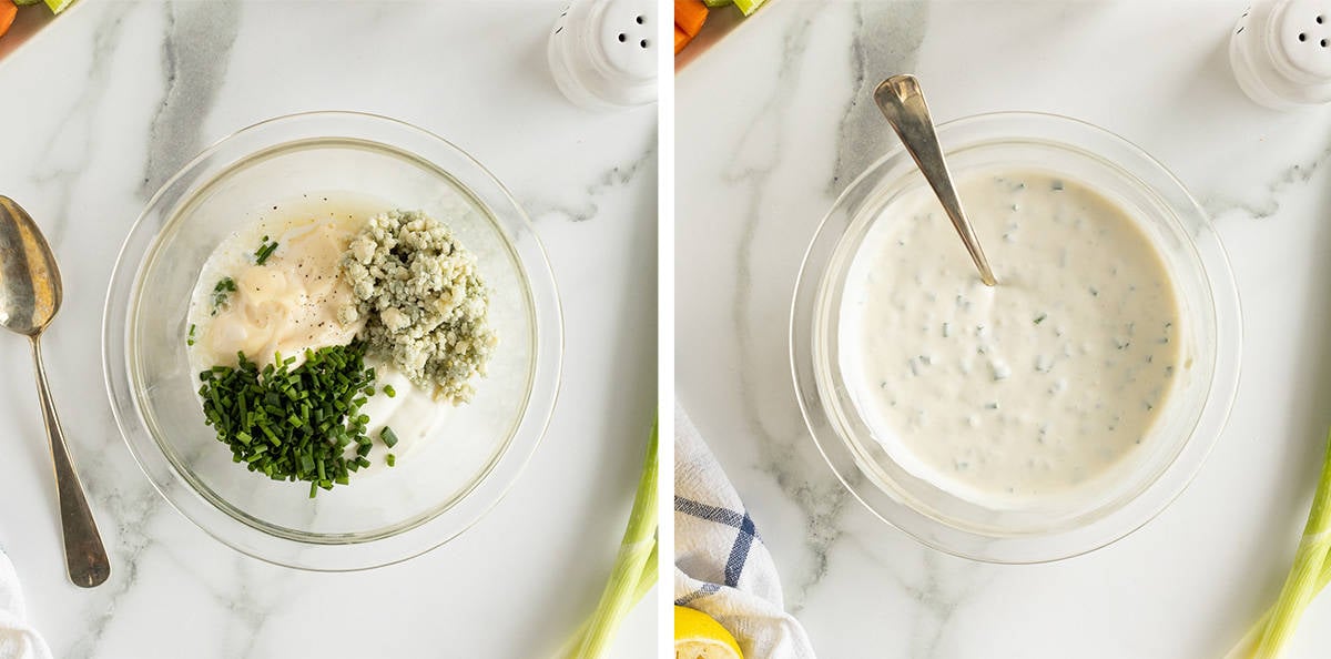 Two images of ingredients for blue cheese dip being mixed in a glass bowl.