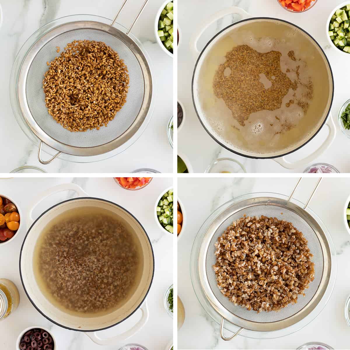 Four images of farro being rinsed in a colander and cooked in a Dutch oven.