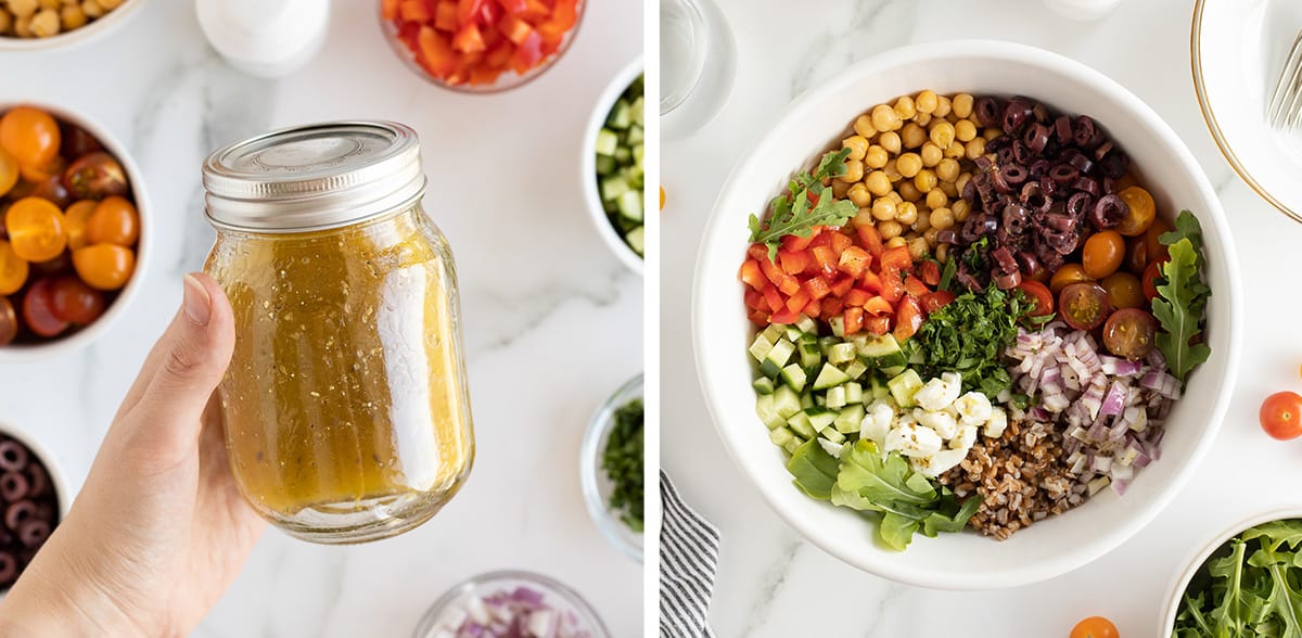 Two images showing a hand holding a mason jar filled with Greek salad dressing and Greek farro salad in a large bowl.