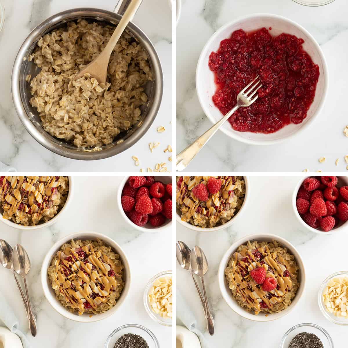 Four images of oatmeal cooking in a pot, mashed raspberries in a small bowl, and oatmeal with melted peanut butter and raspberries in a serving bowl.