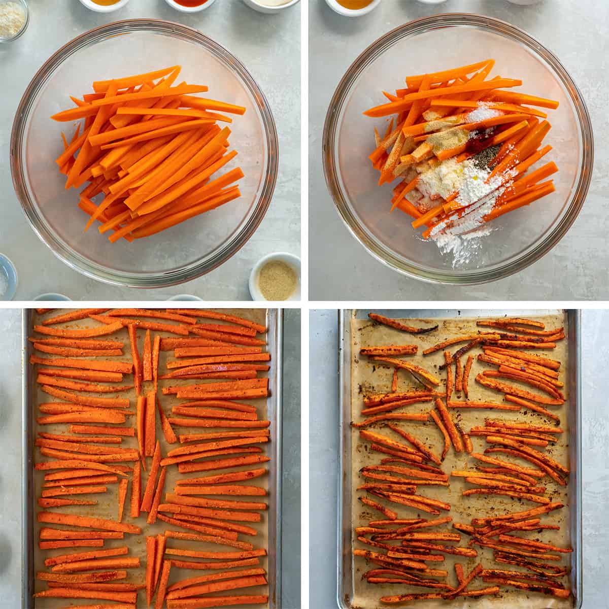 Four images of carrot sticks in a bowl with spices and spread out on a baking sheet.