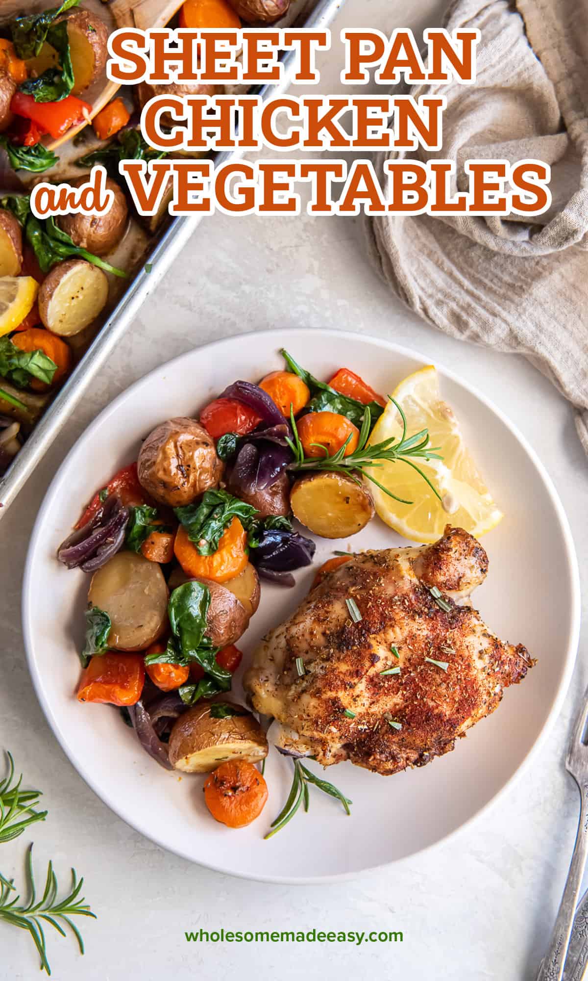 A top down shot of roasted chicken and vegetables on a white plate with lemon slices and freh herbs with text.