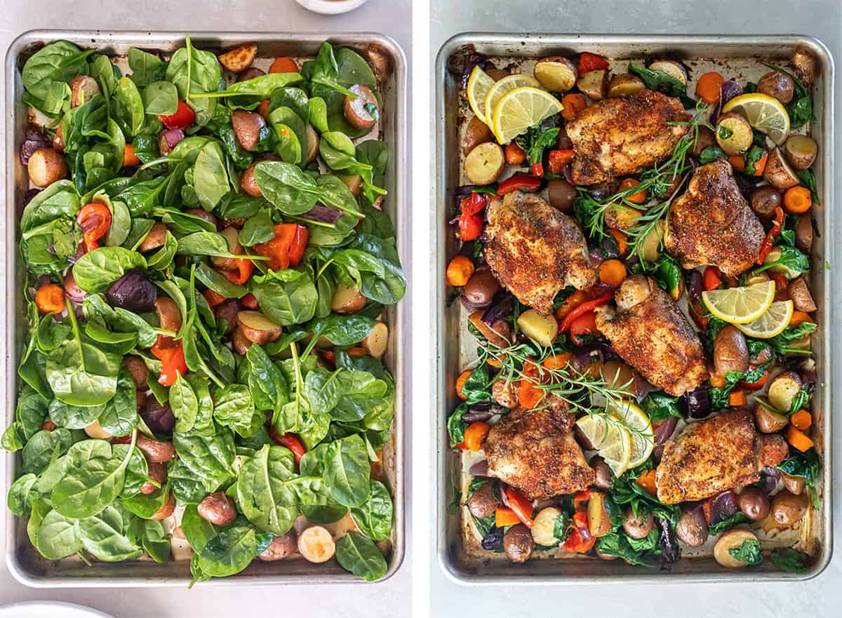 Two images of baby spinach on top of roasted veggies on a sheet pan and roasted chicken thighs added on top.