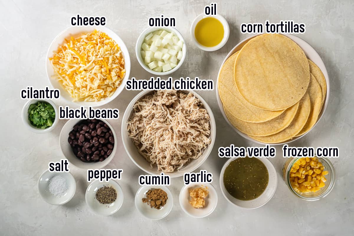 Shredded chicken, tortillas, cheese, beans and other ingredients in bowls with text.